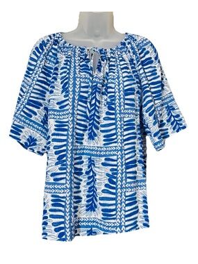 LOFT Women’s Fern Stripe Tasseled Blouse Blue White Size L 100% Cotton Coastal